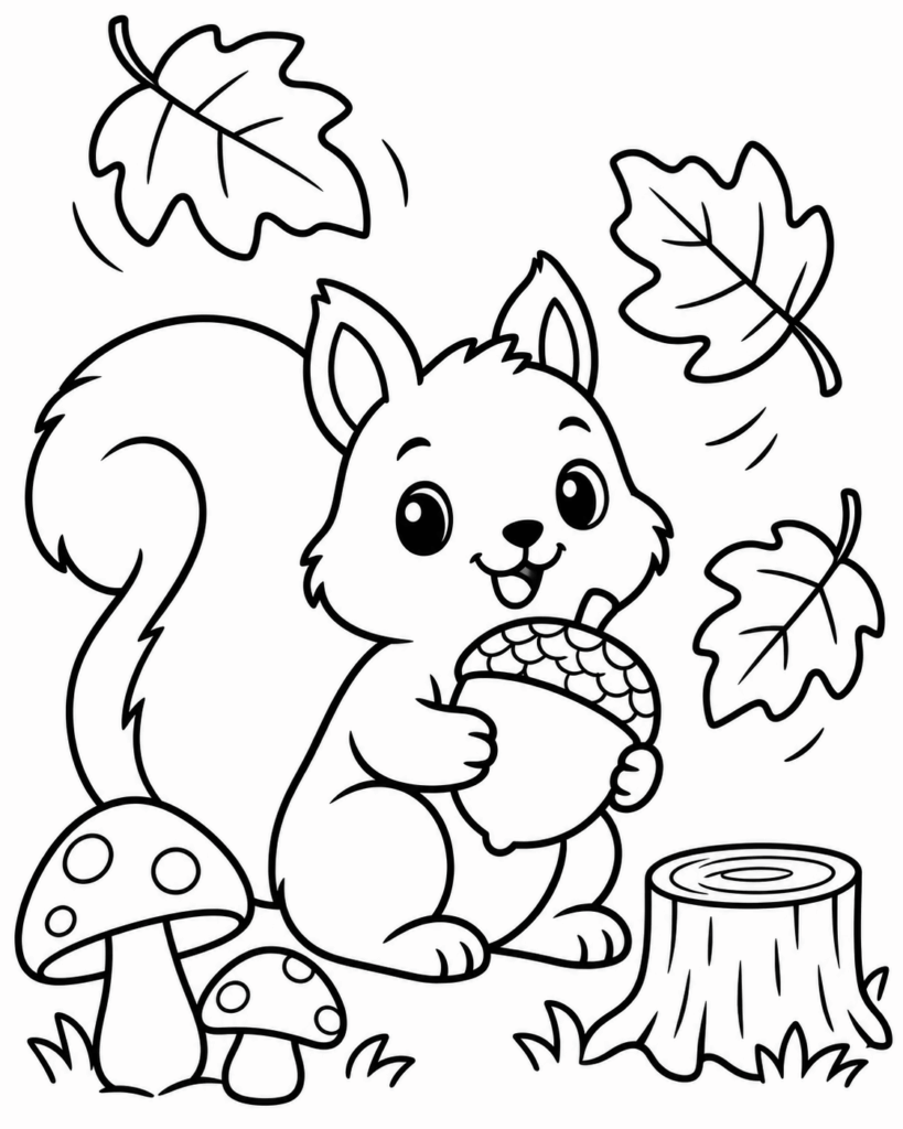 Einfaches Eichhörnchen-Ausmalbild im Herbst