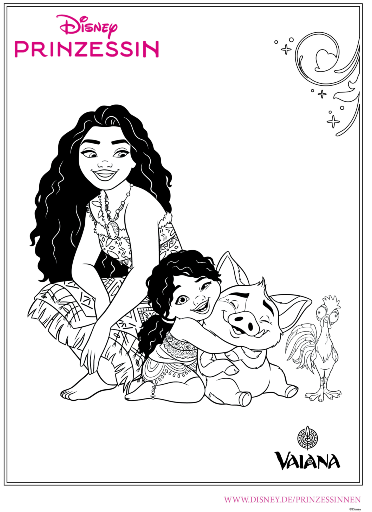 Ausmalbild Vaiana mit Simea, Pua und Hei hei