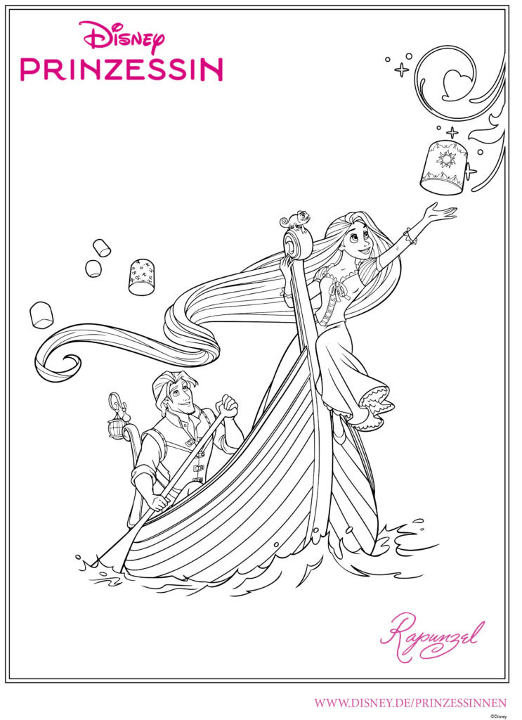 Ausmalbild Rapunzel auf Boot