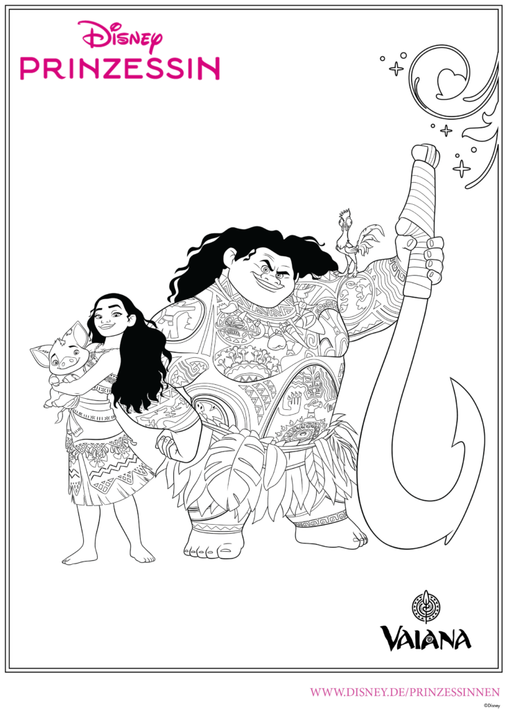 Ausmalbild Vaiana, Pua, Maui mit Manaiakalani Haken