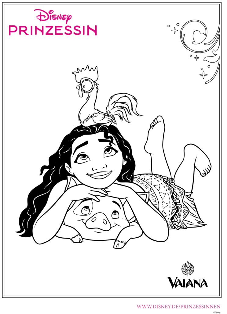 Ausmalbild Vaiana, Pua und Hei Hei