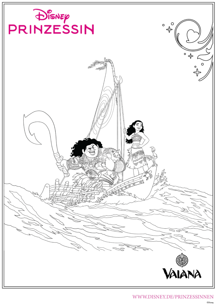 Ausmalbild Vaiana und Maui auf Segelboot