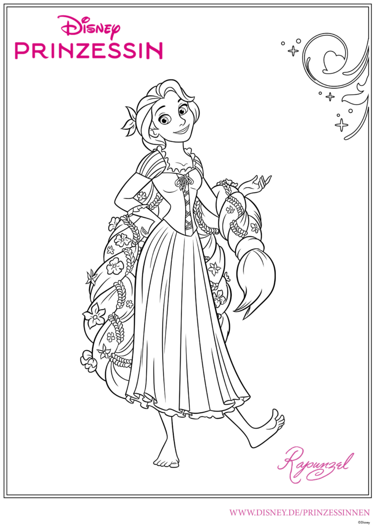 Ausmalbild Rapunzel mit geschmücktem Haar