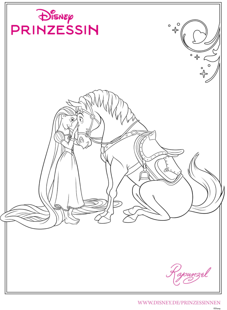 Ausmalbild Rapunzel und Pferd Maximus