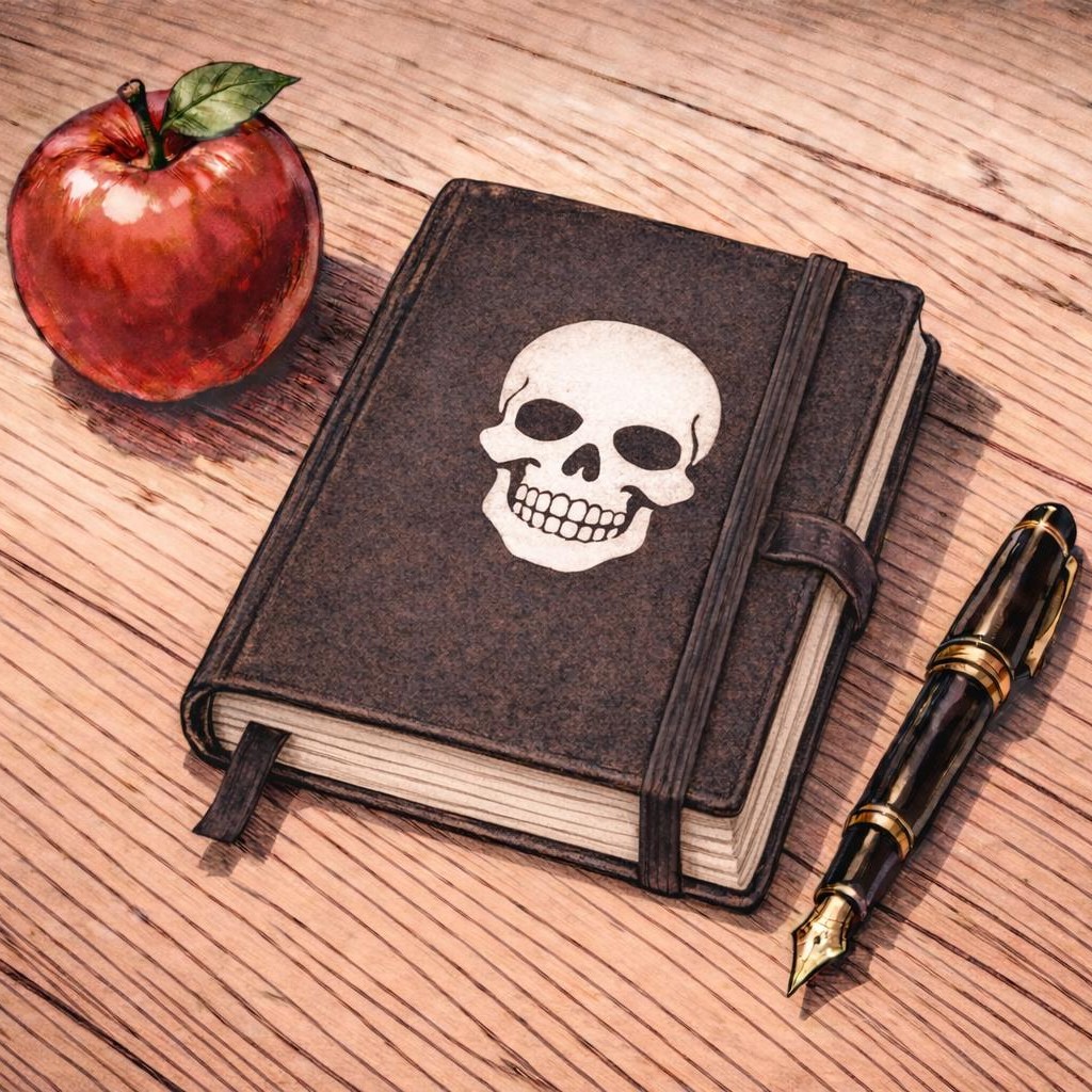 Death Note liegt auf Tisch neben Apfel und Füller