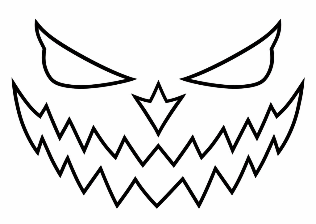 Halloween-Kürbis-Schnitzvorlage mit schmalen Augen, spitzer Nase und breitem Gruselgrinsen.