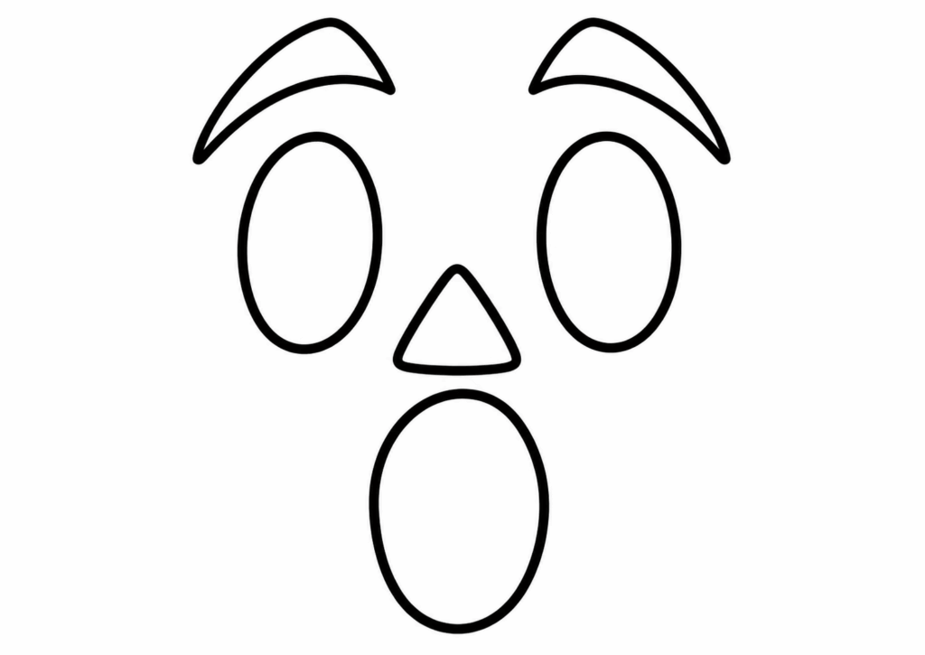 Kürbis-Schnitzvorlage mit großen ovalen Augen, hochgezogenen Augenbrauen und offenem Mund.